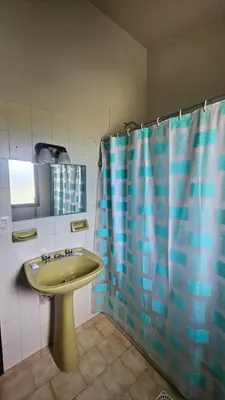a bathroom with a sink and a shower curtain at Arenas Departamentos in Mina Clavero