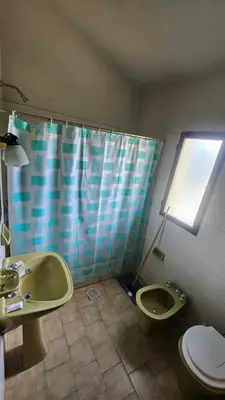 a bathroom with a sink and a toilet and a shower curtain at Arenas Departamentos in Mina Clavero