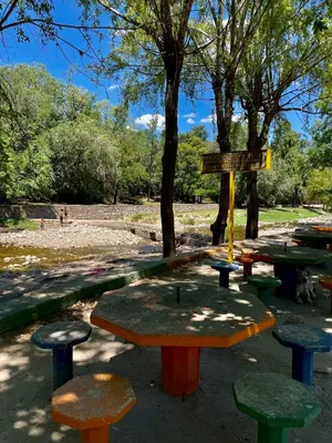 a group of picnic tables and stools in a park at Hosteria Rosales in Trapiche