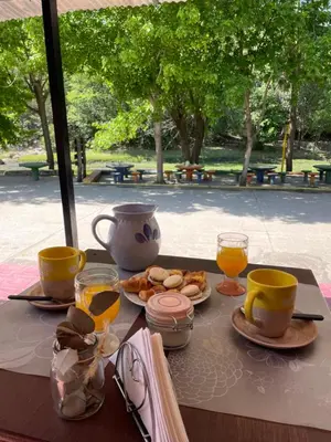 a table with cups and plates of food and orange juice at Hosteria Rosales in Trapiche
