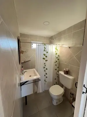 a bathroom with a white toilet and a sink at Terraza de Amancay in Villa Amancay