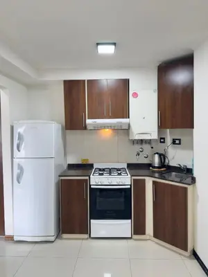 a kitchen with wooden cabinets and a white refrigerator at Guten Morgen VCP in Villa Carlos Paz