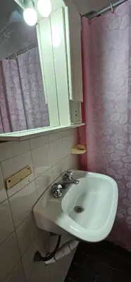 a bathroom with a sink and a pink shower curtain at Hotel Francesco in Mina Clavero