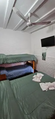 a room with a green bed with a ceiling fan at Hotel Francesco in Mina Clavero