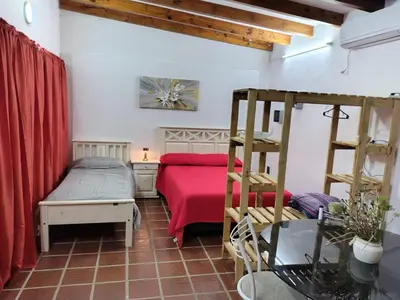 a bedroom with a bed and a ladder in a room at La Carolina Cabañas in Almafuerte