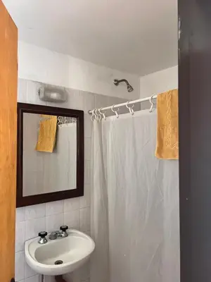 a bathroom with a sink and a shower curtain at Casita de campo in Villa Ciudad Parque