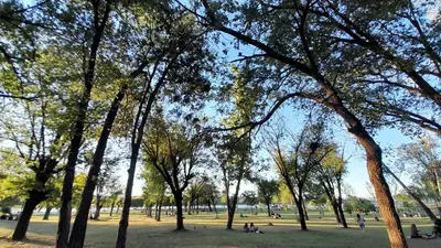 a park with trees and people sitting in the grass at Duplex Villa Carlos Paz in Villa Carlos Paz