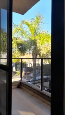 a view of a palm tree from a window at Duplex Villa Carlos Paz in Villa Carlos Paz