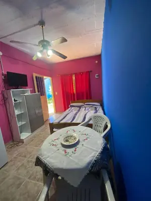 a bedroom with a bed and a table and a ceiling fan at Albricias in Mina Clavero