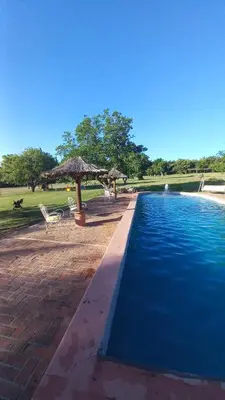 a swimming pool with umbrellas and chairs next to at Cabañas Bendita Tierra- Crespin in Los Molles