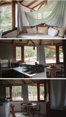 two pictures of a kitchen and a living room at Cabañas Bendita Tierra - Calandrias in Los Molles