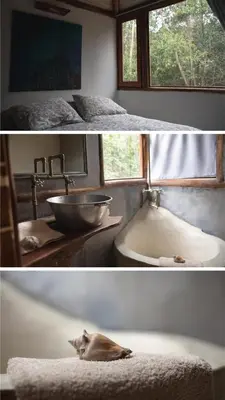 two pictures of a bathroom with a sink and a cat on a chair at Cabañas Bendita Tierra - Calandrias in Los Molles