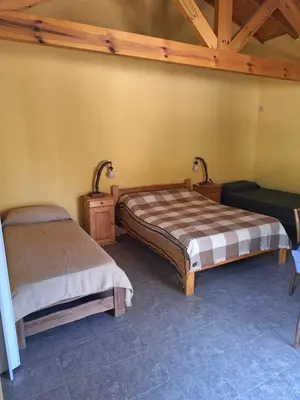 a bedroom with two beds and a wooden ceiling at sukkah in Santa Rosa de Calamuchita