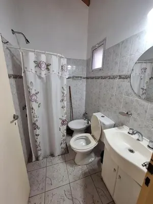 a bathroom with a toilet and a sink and a shower curtain at sukkah in Santa Rosa de Calamuchita