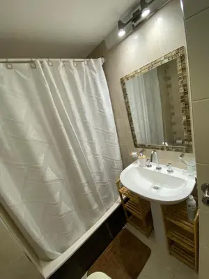 a bathroom with a shower curtain and a sink at Departamento 2 dor Calidad seguridad 24h complejo cerrado in Cordoba