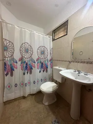 a bathroom with a toilet and a sink and a shower curtain at Lodemarta in Villa Carlos Paz