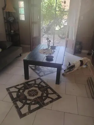a dog laying on the floor in a living room with a table at Casa de campo con pileta in Alta Gracia