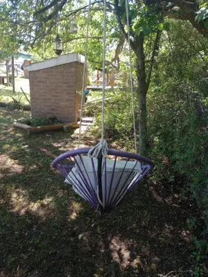 an umbrella swing hanging from a tree in a yard at Tanti casita del rio in Tanti Nuevo