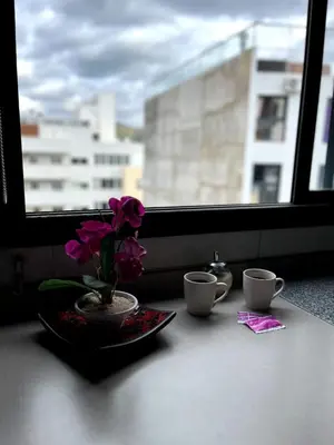 a table with two cups and a vase with purple flowers at depto a 1 cuadra de peatonal, luminoso con pile y cochera in Villa Carlos Paz