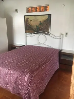 a bedroom with a purple bed with a painting on the wall at Bienvenidos a la Casa de Graciela & Carlos in Villa Carlos Paz