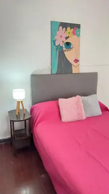 a bedroom with a pink bed with a painting on the wall at Habitación con baño zona cucú 2 personas in Villa Carlos Paz