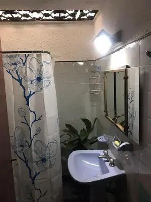 a bathroom with a sink and a shower curtain with flowers at Alta Casa in Cordoba