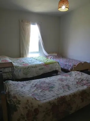 a room with three beds and a window at Posta de Los Geranios in Villa Parque Siquiman