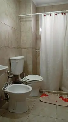 a bathroom with a toilet and a shower curtain at Apartamento villa Carlos Paz in Villa Carlos Paz