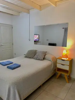 a bedroom with a bed and a nightstand with a lamp at Departamento Matrimonial Merlo San luis in Merlo