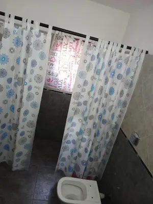 a bathroom with a toilet and a shower curtain at santa rita 2 in Cordoba