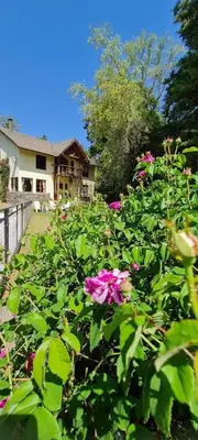 a garden with pink flowers in front of a house at Posada La Lucía in Villa General Belgrano
