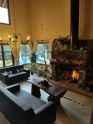 a living room with a fireplace and a couch at Posada La Lucía in Villa General Belgrano