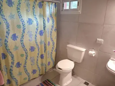 a bathroom with a toilet and a shower curtain at Playa Hostel in Santa Rosa de Calamuchita