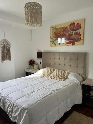 a bedroom with a large white bed and a painting at Departamento Andy in Villa Carlos Paz