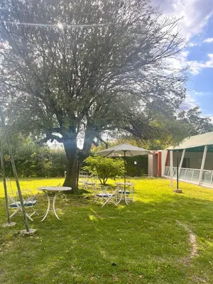 a picnic table and umbrella in a field with a tree at Hotel Mundial in Merlo