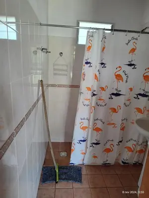 a shower curtain with birds on it in a bathroom at Cabañas Las Glicinas in Las Rabonas