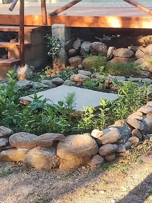 a rock garden with a stone walkway at Zelenaiplava dormis in Merlo