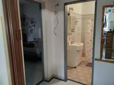 a bathroom with a sink and a toilet and a mirror at Azulina in Alta Gracia