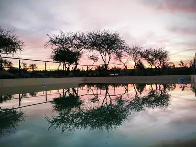 a reflection of trees in a pool of water at Kuntur Casas de Campo in Mina Clavero