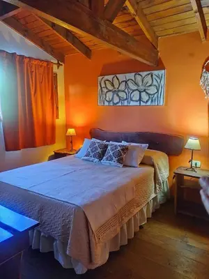 a bedroom with a large bed with orange walls at Cabañas Rey Garcia in Villa General Belgrano