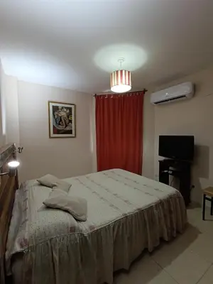 a bedroom with a bed with a red curtain and a television at Departamento Nuevo centro shopping in Cordoba