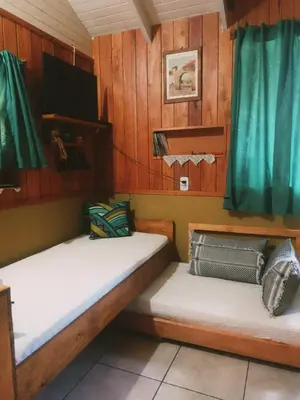 two beds in a room with wooden walls at Cabañas Mari-Tina in Villa Serranita