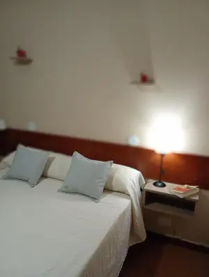 a bedroom with a bed and a lamp on a table at Hotel Palo Verde in Mina Clavero
