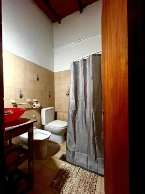 a bathroom with a toilet and a shower curtain at Chalet con puerta al arroyo in Villa General Belgrano