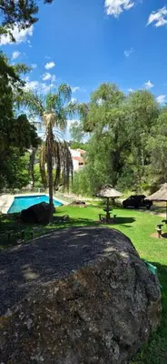 a park with a swimming pool and a palm tree at Apartamento con bajada al lago Aldea del Puente in Villa Carlos Paz