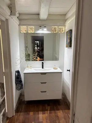 a bathroom with a white sink and a mirror at Casa Campo La Carolina in Cordoba