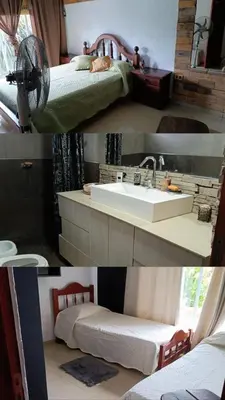 two pictures of a bathroom with a sink and a bed at Mi casita en Embalse in Embalse