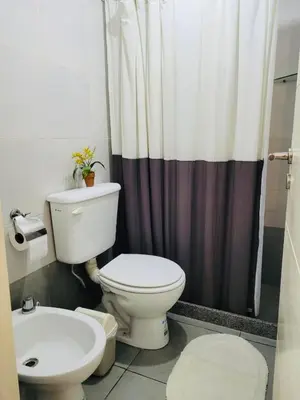 a bathroom with a toilet and a shower curtain at Departamento premium con balcón, vista y atardeceres in Cordoba