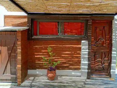 a plant in a pot in front of a building at Cabañas La Puesta del Sol in Estancia Vieja