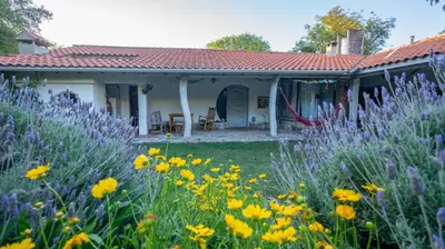 a cottage with a garden of yellow and purple flowers at Cosmoqui Casa Boutique in Villa de Las Rosas